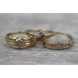 Three 9ct yellow gold dress rings to include 'I love you' ring, sizes M, N½ and N (3)