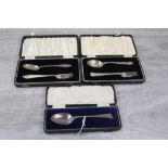 Three cased silver Christening sets comprising a George VI silver teaspoon and fork with arched