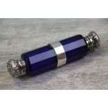 Victorian Bristol Blue glass double ended scent bottle with white metal collar, hinged lid and screw