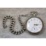 Silver open faced top wind pocket watch, white enamel dial and subsidiary dial, black Arabic