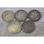 Five vintage UK Silver Crown coins to include Charles II 1662, George III & Victorian