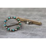 Victorian turquoise and blister pearl yellow metal brooch, the open circular form with small round