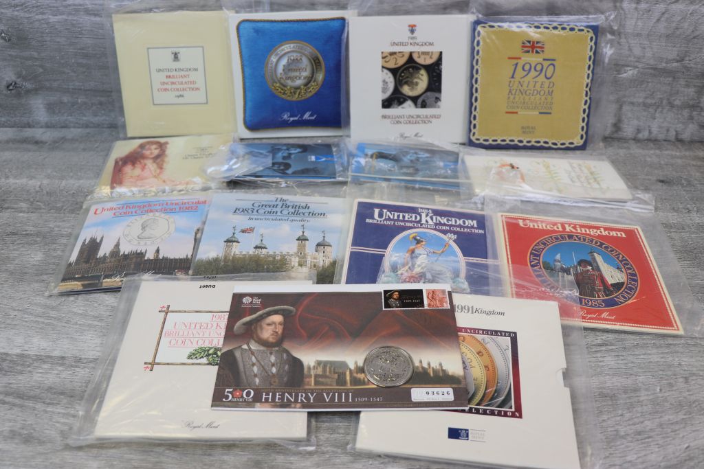 Collection of UK BU coin sets to include Years and Commemorative issues