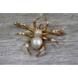 Late Victorian/ Edwardian pearl and yellow metal brooch modelled as a spider, the abdomen formed