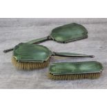 George V enamelled silver dressing table brush set comprising mirror, hand brush and clothes