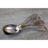 Pair of Victorian fiddle pattern silver serving spoons, initalled finials, makers John Stone, Exeter