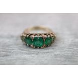 Victorian five stone boat head 9ct rose gold ring, five graduated round mixed cut green composite