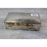 Silver cigar box with partially rubbed presentation inscription, engine turned decoration to