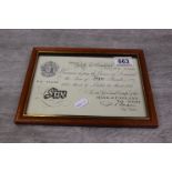 Framed & glazed Bank of England white £5 Pound Banknote and dated 1951
