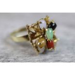 Multi colour jade 14ct yellow gold fancy cluster ring, comprising green, lavender, white, yellow and