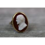 Carnelian cameo 9ct yellow gold ring, the carved cameo depicting a bearded Gent in profile,