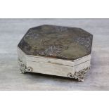 Early George V tortoiseshell silver octagonal jewellery casket, the tortoiseshell hinged lid with