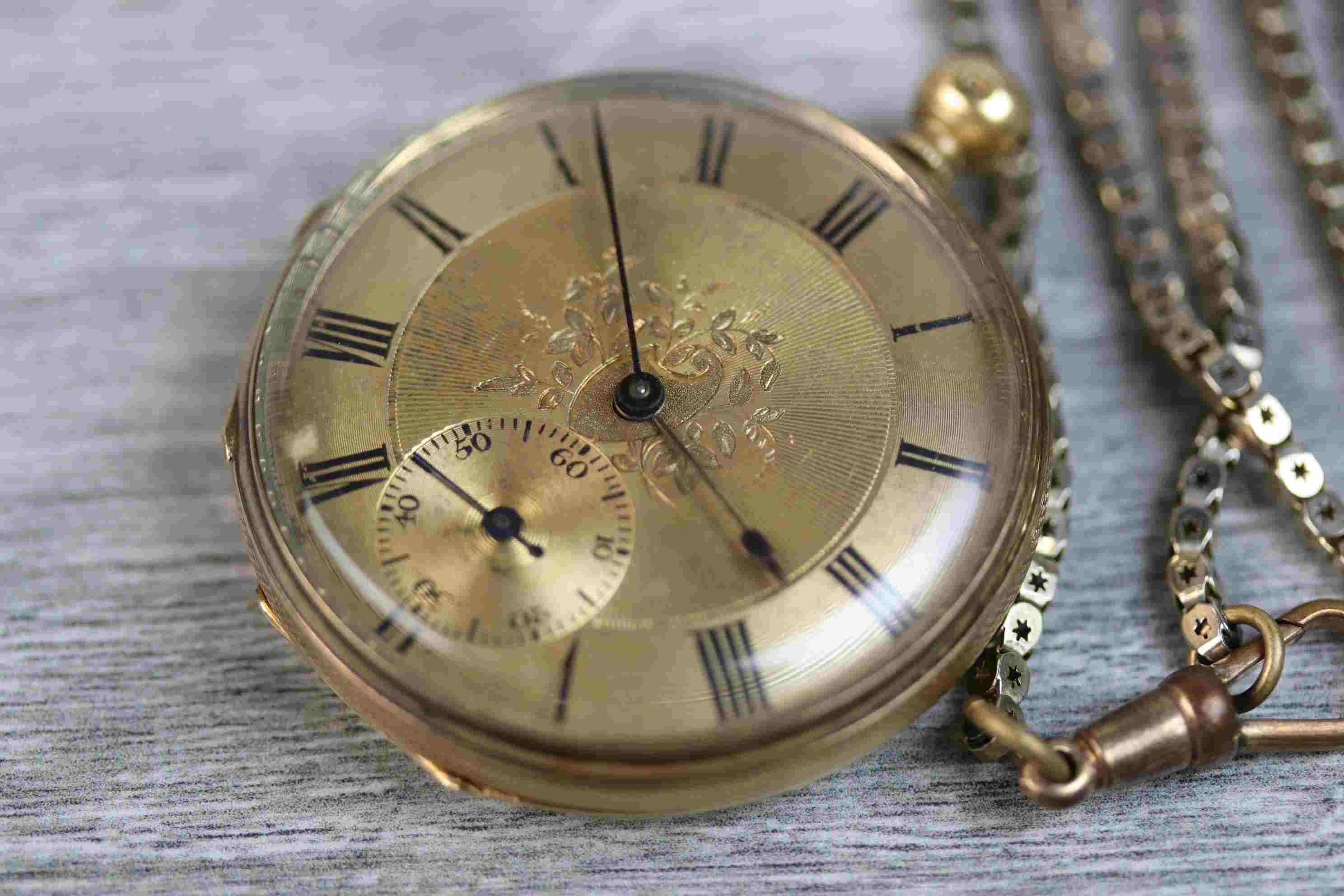 18ct yellow gold open faced key wind pocket watch, gilt engine turned dial and subsidiary dial, - Image 3 of 6