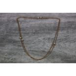 Pearl 9ct rose gold necklace, the fine belcher link chain with five evenly spaced spherical cream