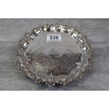 Early Victorian silver salver raised on three scrolled shell feet, scrolled shell border, engraved