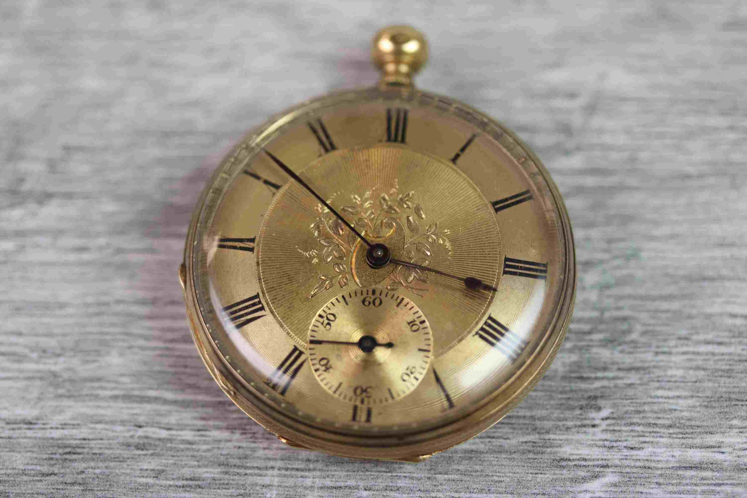 18ct yellow gold open faced key wind pocket watch, gilt engine turned dial and subsidiary dial, - Image 5 of 6