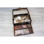 Cash tin of vintage UK & World coinage to include Silver, 19th Century, small group of World