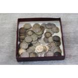 Tray of mainly silver 3 pence coins to include Victorian