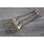 Three George III silver forks, Old English pattern, length approximately 20cm, makers George