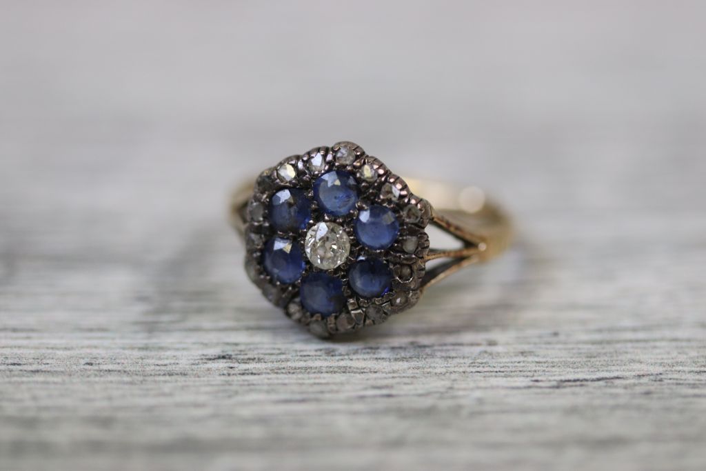 19th century diamond and sapphire yellow gold and silver set flower head cluster ring