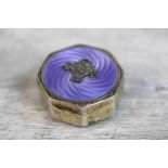 George V enamelled silver gilt hexagonal pill box, purple guilloche enamel to lid with central