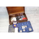 Wooden box of mixed vintage and other coinage & Medallions to include 1887 Silver Florin,