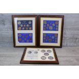 Three framed & glazed coin sets to include a Morgan Dollar five coin set with COA