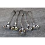 Five various silver salt and mustard spoons to include a pair of William IV silver shell pattern