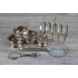 Collection of silver items to include silver five bar toast rack, makers Viner's Ltd, Sheffield