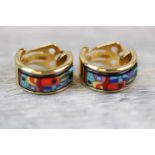 Frey Wille enamelled gold plated earrings, brightly coloured abstract enamel design, omega ear