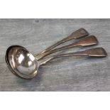 Three George III silver fiddle pattern sauce ladles, initialled finials, makers Richard Turner,