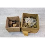 Two boxes of vintage UK coins to include Silver Half Crowns & Shillings, Copper & Brass