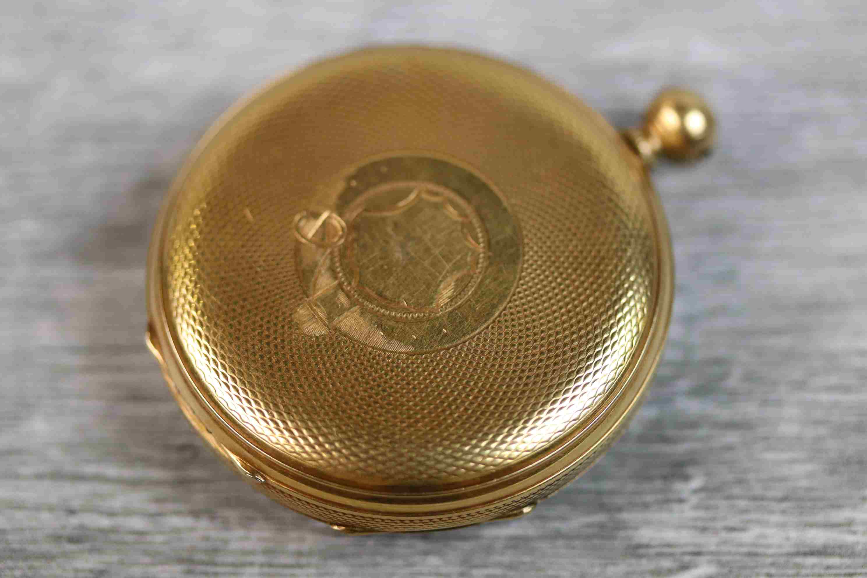 18ct yellow gold open faced key wind pocket watch, gilt engine turned dial and subsidiary dial, - Image 6 of 6