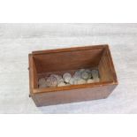 Wooden box with mainly vintage UK Silver coinage to include; Shillings, Threepences, Florins etc