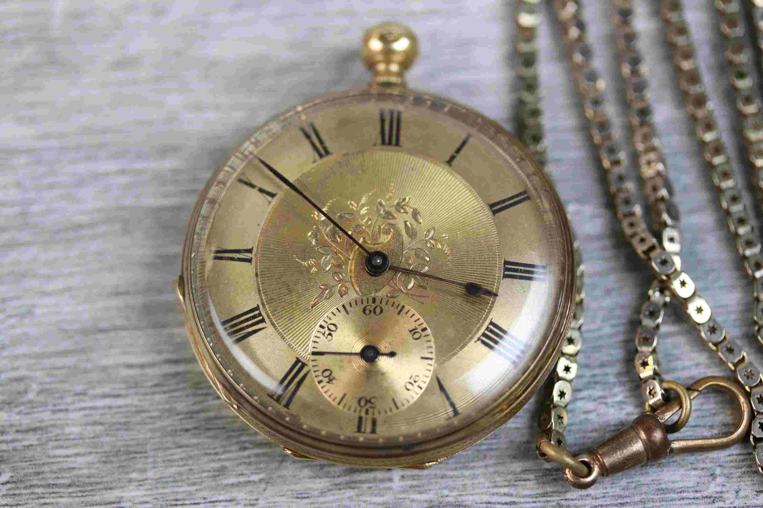 18ct yellow gold open faced key wind pocket watch, gilt engine turned dial and subsidiary dial, - Image 2 of 6