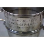 Edwardian silver twin handled trophy, fancy scrolled handles, Golf presentation inscription,