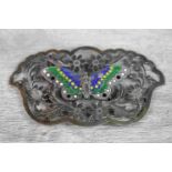 Edwardian enamelled silver openwork buckle, the raised enamelled butterfly motif to the centre of