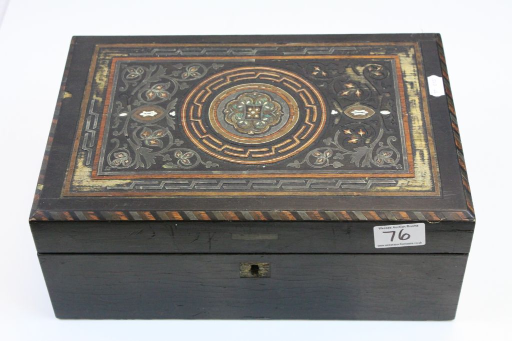 19th century Writing Slope Box, the ebonised box with silvered, bone and wooden inlay (a/f)