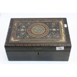 19th century Writing Slope Box, the ebonised box with silvered, bone and wooden inlay (a/f)