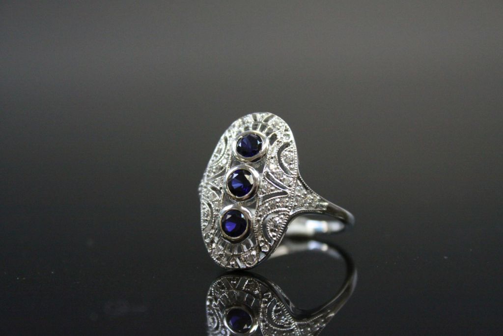 Silver CZ and Sapphire Paneled Art Deco Style Ring