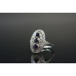 Silver CZ and Sapphire Paneled Art Deco Style Ring