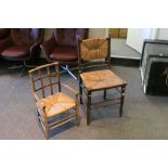 Arts and Crafts Lattice Back Child's Chair with Rush Seat together with a Sussex Style Chair with