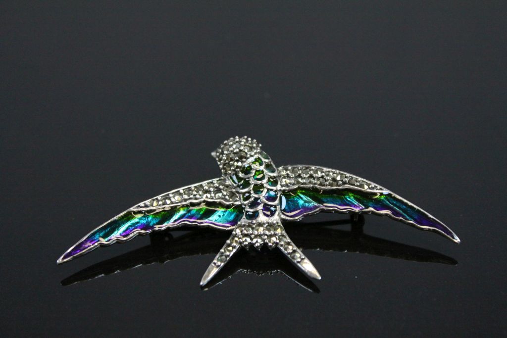 Silver and Enamel Set Brooch in the form of a Swallow