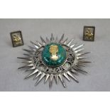 Peruvian Gold, Silver & Chrysolla Sun shaped pendant/ brooch and a pair of Silver & Gold Peruvian