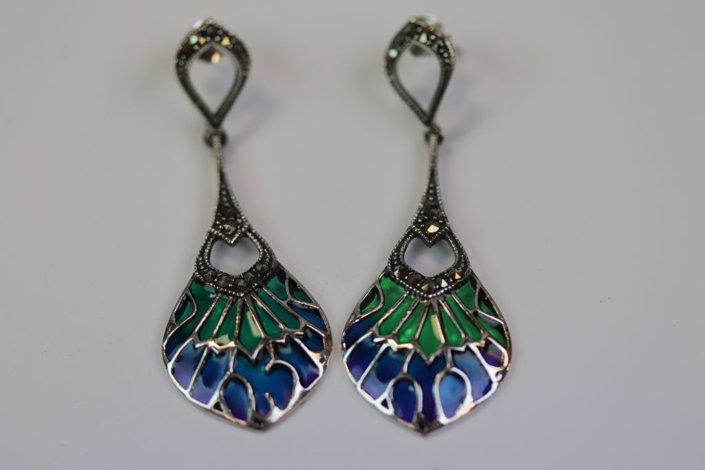 Pair of Silver and Plique A Jour Drop Earrings