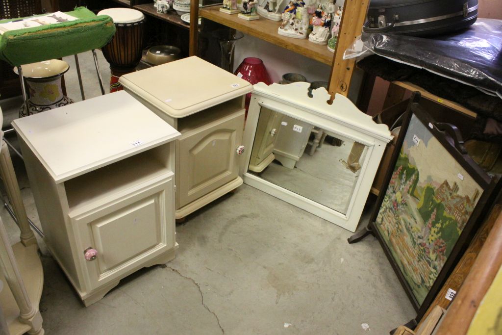 Two White Painted Bedside Cabinets together with a Firescreen and a White Painted Framed Mirror