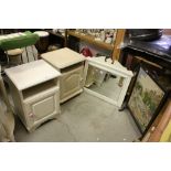 Two White Painted Bedside Cabinets together with a Firescreen and a White Painted Framed Mirror