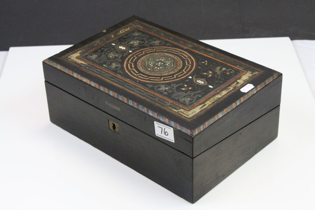 19th century Writing Slope Box, the ebonised box with silvered, bone and wooden inlay (a/f) - Image 2 of 4