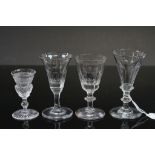 Cut Glass Scottish Thistle Shaped Liqueur Glass together with Three Antique Drinking Glasses