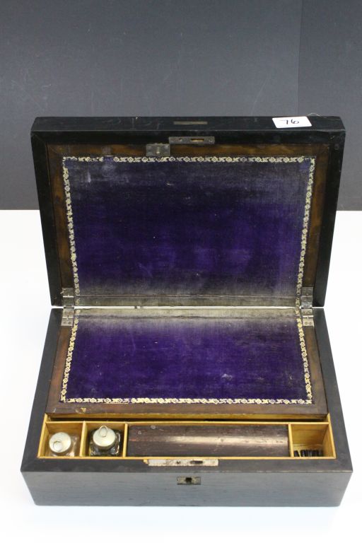 19th century Writing Slope Box, the ebonised box with silvered, bone and wooden inlay (a/f) - Image 4 of 4